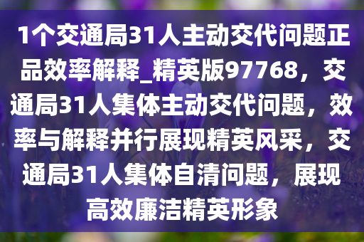 1个交通局31人主动交代问题正品效率解释_精英版97768，交通局31人集体主动交代问题，效率与解释并行展现精英风采，交通局31人集体自清问题，展现高效廉洁精英形象
