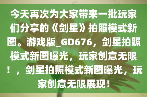 今天再次为大家带来一批玩家们分享的《剑星》拍照模式新图。游戏版_GD676，剑星拍照模式新图曝光，玩家创意无限！，剑星拍照模式新图曝光，玩家创意无限展现！