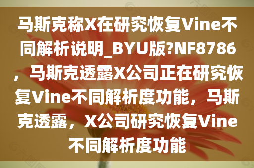 马斯克称X在研究恢复Vine不同解析说明_BYU版?NF8786，马斯克透露X公司正在研究恢复Vine不同解析度功能，马斯克透露，X公司研究恢复Vine不同解析度功能