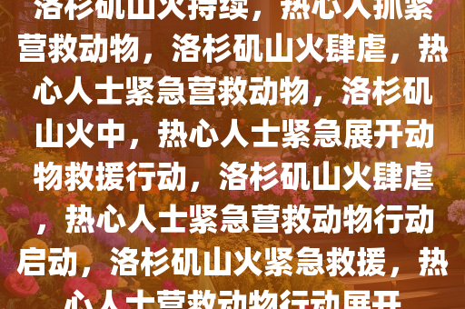 洛杉矶山火持续，热心人抓紧营救动物，洛杉矶山火肆虐，热心人士紧急营救动物，洛杉矶山火中，热心人士紧急展开动物救援行动，洛杉矶山火肆虐，热心人士紧急营救动物行动启动，洛杉矶山火紧急救援，热心人士营救动物行动展开