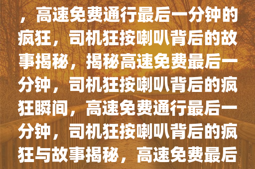 高速免费通行最后一分钟的疯狂，司机狂按喇叭背后的故事，高速免费通行最后一分钟的疯狂，司机狂按喇叭背后的故事揭秘，揭秘高速免费最后一分钟，司机狂按喇叭背后的疯狂瞬间，高速免费通行最后一分钟，司机狂按喇叭背后的疯狂与故事揭秘，高速免费最后一分钟狂按喇叭背后的疯狂故事揭秘