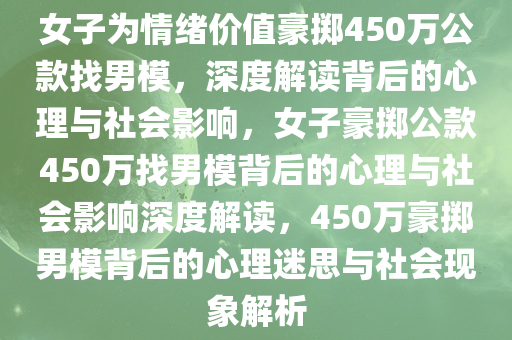 女子为情绪价值豪掷450万公款找男模，深度解读背后的心理与社会影响，女子豪掷公款450万找男模背后的心理与社会影响深度解读，450万豪掷男模背后的心理迷思与社会现象解析