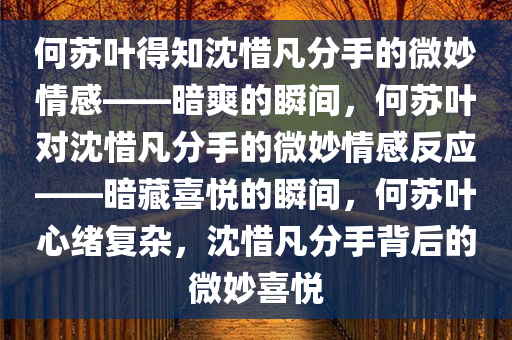 何苏叶得知沈惜凡分手的微妙情感——暗爽的瞬间，何苏叶对沈惜凡分手的微妙情感反应——暗藏喜悦的瞬间，何苏叶心绪复杂，沈惜凡分手背后的微妙喜悦