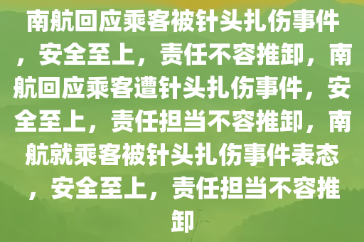 南航回应乘客被针头扎伤事件，安全至上，责任不容推卸，南航回应乘客遭针头扎伤事件，安全至上，责任担当不容推卸，南航就乘客被针头扎伤事件表态，安全至上，责任担当不容推卸