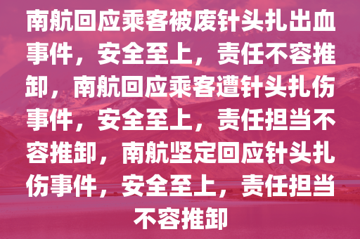南航回应乘客被废针头扎出血事件，安全至上，责任不容推卸，南航回应乘客遭针头扎伤事件，安全至上，责任担当不容推卸，南航坚定回应针头扎伤事件，安全至上，责任担当不容推卸