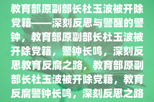 教育部原副部长杜玉波被开除党籍——深刻反思与警醒的警钟，教育部原副部长杜玉波被开除党籍，警钟长鸣，深刻反思教育反腐之路，教育部原副部长杜玉波被开除党籍，教育反腐警钟长鸣，深刻反思之路