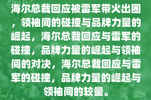 海尔总裁回应被雷军带火出圈，领袖间的碰撞与品牌力量的崛起，海尔总裁回应与雷军的碰撞，品牌力量的崛起与领袖间的对决，海尔总裁回应与雷军的碰撞，品牌力量的崛起与领袖间的较量。