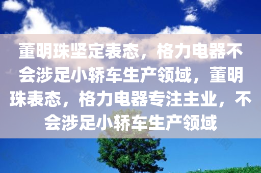 董明珠坚定表态，格力电器不会涉足小轿车生产领域，董明珠表态，格力电器专注主业，不会涉足小轿车生产领域