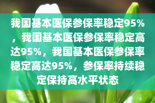 我国基本医保参保率稳定95%，我国基本医保参保率稳定高达95%，我国基本医保参保率稳定高达95%，参保率持续稳定保持高水平状态