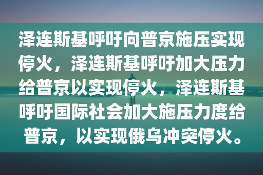泽连斯基呼吁向普京施压实现停火，泽连斯基呼吁加大压力给普京以实现停火，泽连斯基呼吁国际社会加大施压力度给普京，以实现俄乌冲突停火。