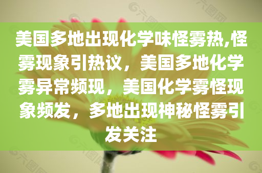 美国多地出现化学味怪雾热,怪雾现象引热议，美国多地化学雾异常频现，美国化学雾怪现象频发，多地出现神秘怪雾引发关注