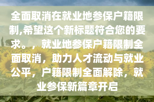 全面取消在就业地参保户籍限制,希望这个新标题符合您的要求。，就业地参保户籍限制全面取消，助力人才流动与就业公平，户籍限制全面解除，就业参保新篇章开启