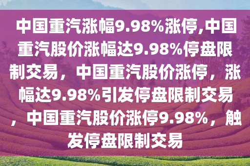 中国重汽涨幅9.98%涨停,中国重汽股价涨幅达9.98%停盘限制交易，中国重汽股价涨停，涨幅达9.98%引发停盘限制交易，中国重汽股价涨停9.98%，触发停盘限制交易