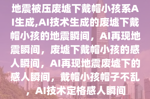 地震被压废墟下戴帽小孩系AI生成,AI技术生成的废墟下戴帽小孩的地震瞬间，AI再现地震瞬间，废墟下戴帽小孩的感人瞬间，AI再现地震废墟下的感人瞬间，戴帽小孩帽子不乱，AI技术定格感人瞬间