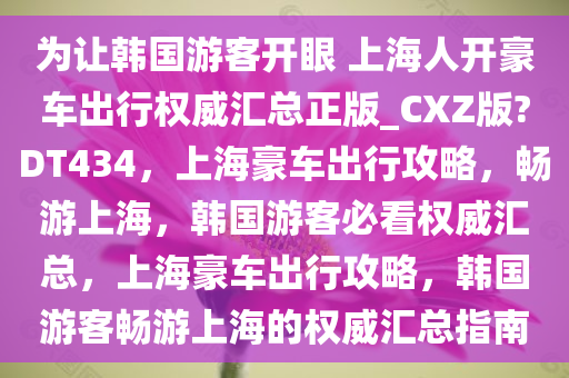 为让韩国游客开眼 上海人开豪车出行权威汇总正版_CXZ版?DT434，上海豪车出行攻略，畅游上海，韩国游客必看权威汇总，上海豪车出行攻略，韩国游客畅游上海的权威汇总指南