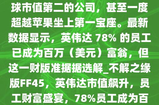 近年来，英伟达（Nvidia）凭借其在人工智能和图形处理领域的领先地位，迅速崛起为全球市值第二的公司，甚至一度超越苹果坐上第一宝座。最新数据显示，英伟达 78% 的员工已成为百万（美元）富翁，但这一财版准据据选解_不解之缘版FF45，英伟达市值飙升，员工财富盛宴，78%员工成为百万富翁，英伟达市值飙升，78%员工成为百万富翁，人工智能巨头员工财富盛宴