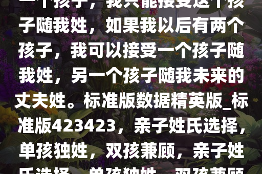 我是一个女人，如果我以后有一个孩子，我只能接受这个孩子随我姓，如果我以后有两个孩子，我可以接受一个孩子随我姓，另一个孩子随我未来的丈夫姓。标准版数据精英版_标准版423423，亲子姓氏选择，单孩独姓，双孩兼顾，亲子姓氏选择，单孩独姓，双孩兼顾，姓氏传承的灵活之道