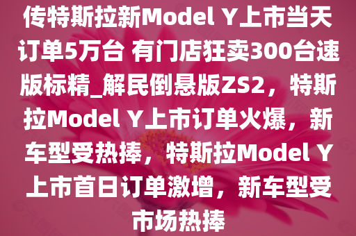 传特斯拉新Model Y上市当天订单5万台 有门店狂卖300台速版标精_解民倒悬版ZS2，特斯拉Model Y上市订单火爆，新车型受热捧，特斯拉Model Y上市首日订单激增，新车型受市场热捧